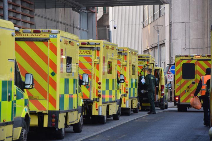 Ambulances in a queue outside the Royal London Hospital. 
