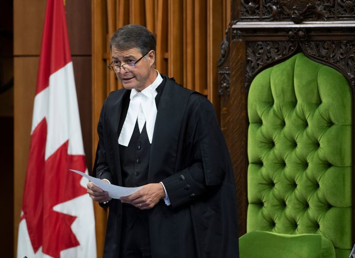 Speaker of the House of Commons Anthony Rota rises in the chamber as he delivers a statement in the House of Commons on July 22, 2020.