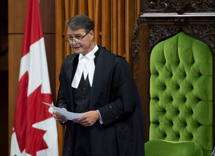 Speaker of the House of Commons Anthony Rota rises in the chamber as he delivers a statement in the House of Commons on July 22, 2020.