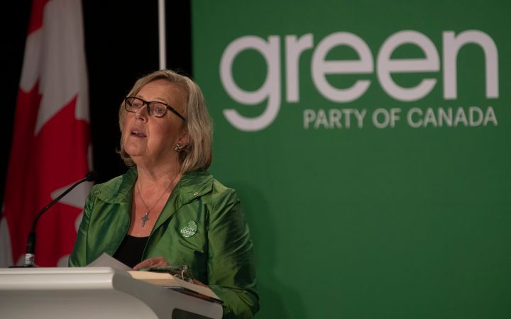 Former Green party leader Elizabeth May speaks ahead of the party's leadership announcement in Ottawa on Oct. 3, 2020.