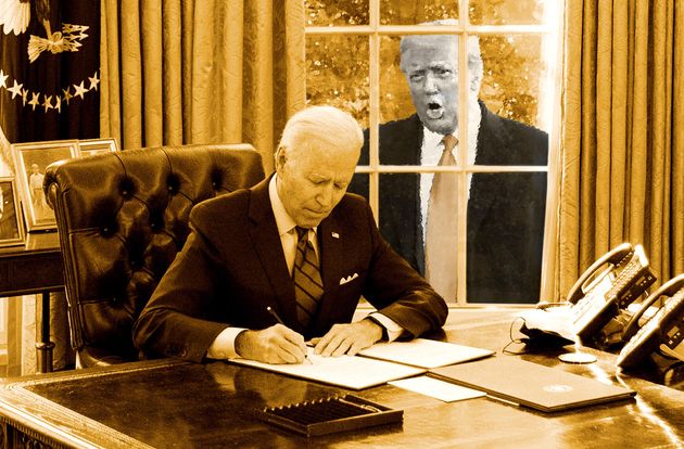 Ce que Joe Biden va garder de l'ère Donald Trump (de gré ou de force) (Illustration Maxime Bourdeau / Le HuffPost avec AFP)