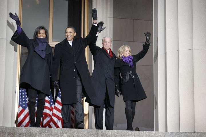 In this file photo, then-President-elect Barack Obama, his wife Michelle and then-Vice President elect Joe Biden and his wife