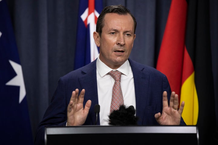 Premier Mark McGowan speaks to media at Dumas House Press Room on January 31, 2021 in Perth, Australia.