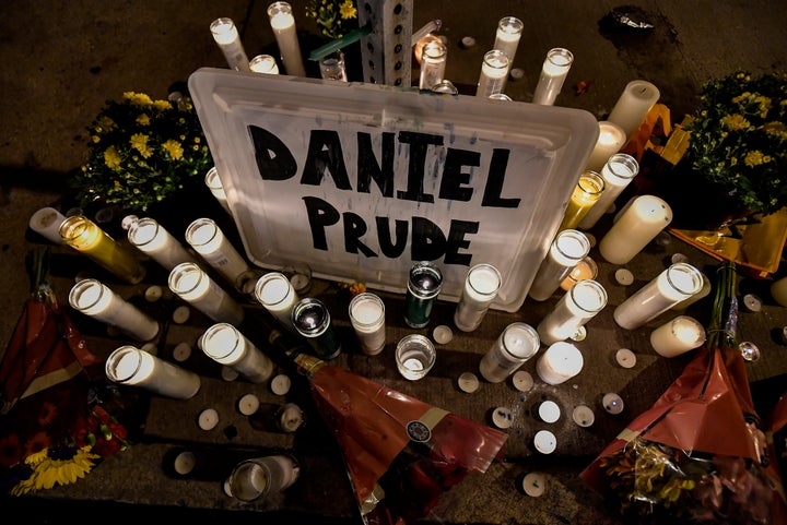 Candles light a makeshift memorial for Daniel Prude, a Black man who died while restrained in police custody in Rochester, New York, in March 2020.