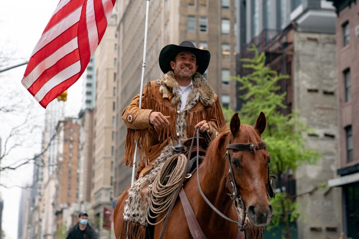 Couy Griffin, who was later charged in connection with the insurrectionist attack on the U.S. Capitol, rides his horse on 5th Avenue on May 1, 2020, in New York City.
