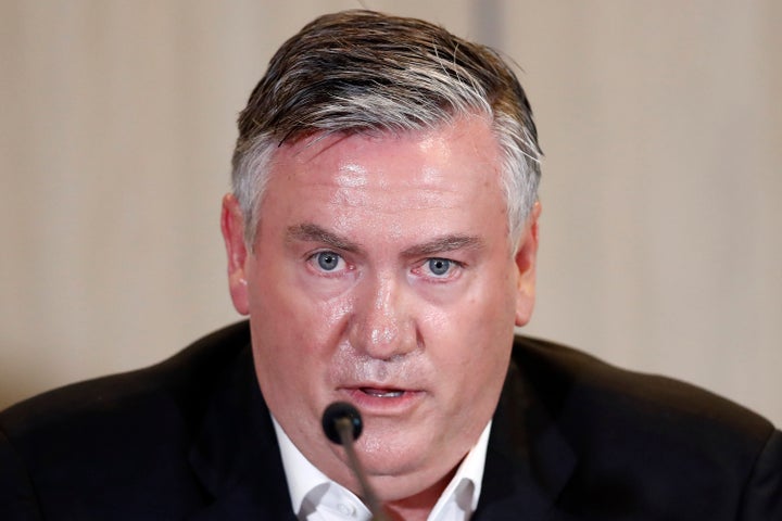 Collingwood President Eddie McGuire speaks to the media at Collingwood Magpies AFL press conference at the Glasshouse Event Space on February 01, 2021 in Melbourne, Australia.