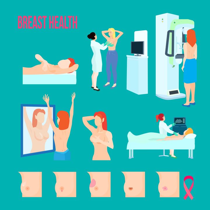 Colored flat and isolated breast disease icon set with different disease and ways to treat and recognize disease vector illustration