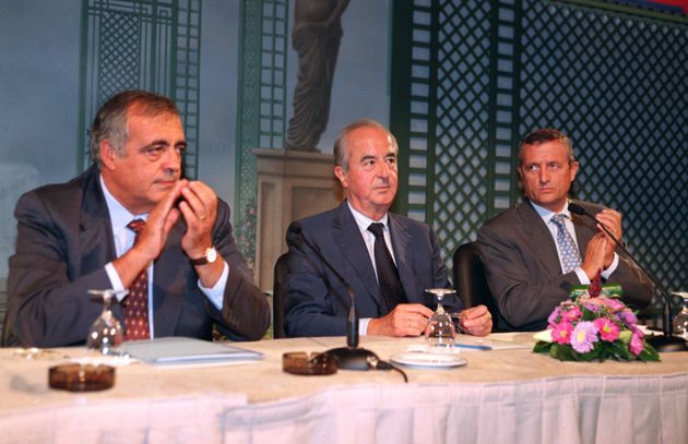 Francois Léotard à droite et Edouard Balladur à gauche lors d'un meeting.