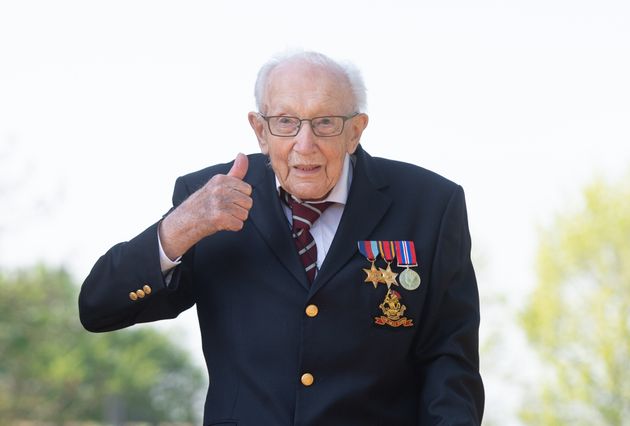 The then 99-year-old Captain Tom Moore at his home in Marston Moretaine, Bedfordshire, after he achieved his goal of 100 laps of his garden