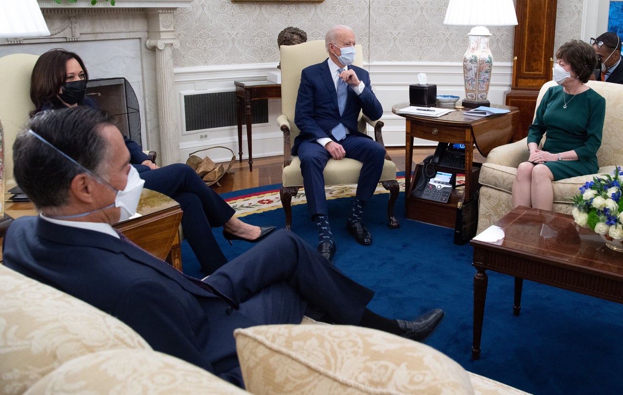 President Joe Biden and Vice President Kamala Harris meet with Republicans including Sens. Susan Collins (Maine) and Mitt Romney (Utah) to discuss a coronavirus relief plan on Feb. 1, 2021.