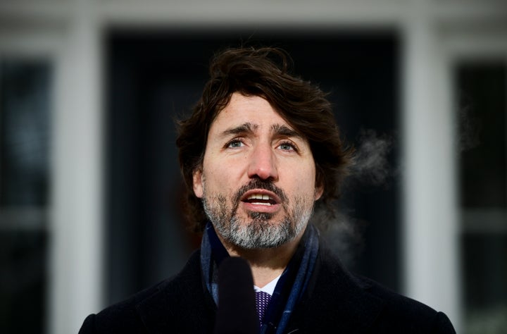 Prime Minister Justin Trudeau holds a press conference at Rideau Cottage in Ottawa on Feb. 2, 2021, to talk about COVID-19 vaccines.