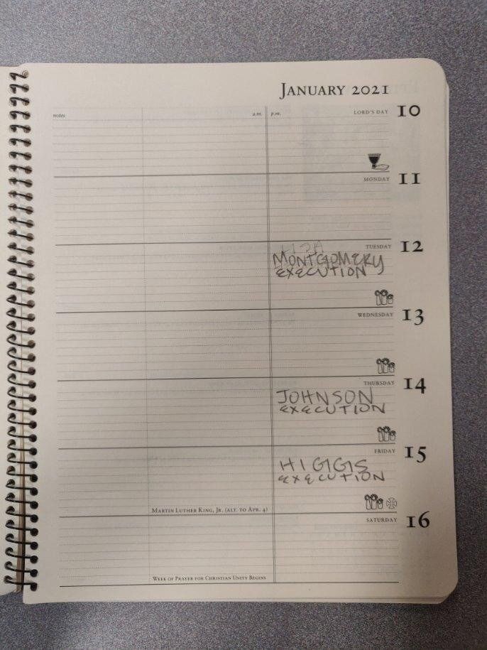 George Hale's calendar for the final days of the Trump administration. (Note that Lisa Montgomery and Dustin Higgs were both pronounced dead in the early hours of the day after that marked for them on the calendar.)