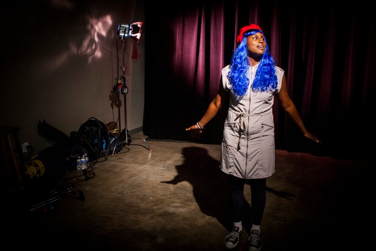 Issa Rae acts out a scene for "The Misadventures of Awkward Black Girl" in August 2012 at J.E.T Studios in North Hollywood.