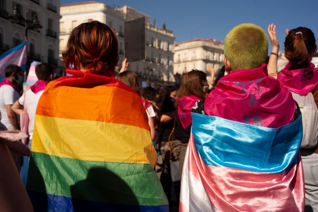 Image result for Un grupo de manifestantes feministas protestan ante Igualdad contra las leyes trans y LGTBI