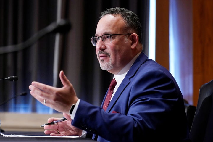 Miguel Cardona, the nominee for secretary of education, during his Senate confirmation hearing on Wednesday. Cardona received praise from both Democratic and Republican legislators.