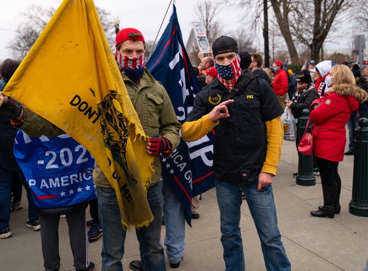 Members of the Proud Boys during a rally supporting former president Donald Trump in Washington, D.C., on Jan. 5, 2021, a day before the insurrection on the Capitol.