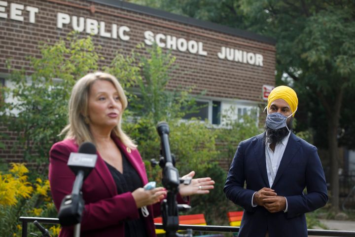 Ontario NDP MPP Marit Stiles speaks at a press conference with federal NDP leader Jagmeet Singh in Toronto on Aug. 26, 2020. 