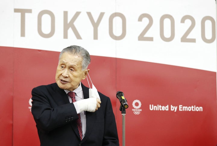 国際オリンピック委員会（IOC）のバッハ会長とのオンライン会談を終え、会見に臨む東京五輪・パラリンピック組織委員会の森喜朗会長＝1月28日、東京都中央区