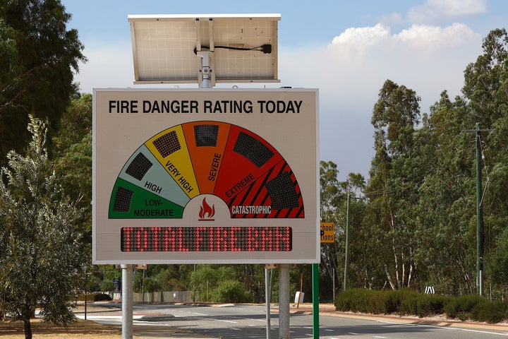 A Fire Danger rating board is seen on Great Northern Highway on February 3 in Perth.