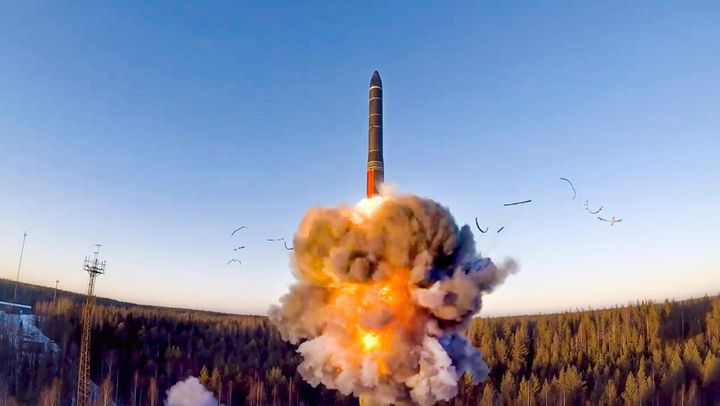 In this file photo taken from a video distributed by Russian Defense Ministry Press Service, on Dec. 9, 2020, a rocket launches from missile system as part of a ground-based intercontinental ballistic missile test launched from the Plesetsk facility in northwestern Russia. 