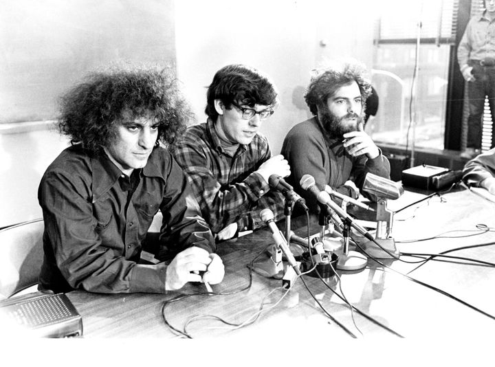 Abbie Hoffman, left, Rennie Davis, and Jeremy Rubin -- three of the activists who became known as the "Chicago Seven" -- pictured in 1970.