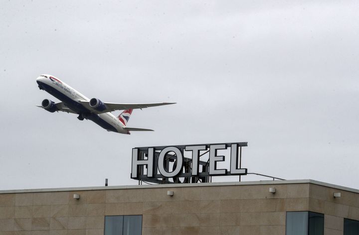 A plane passes over the Sofitel Hotel at Heathrow (file picture) 