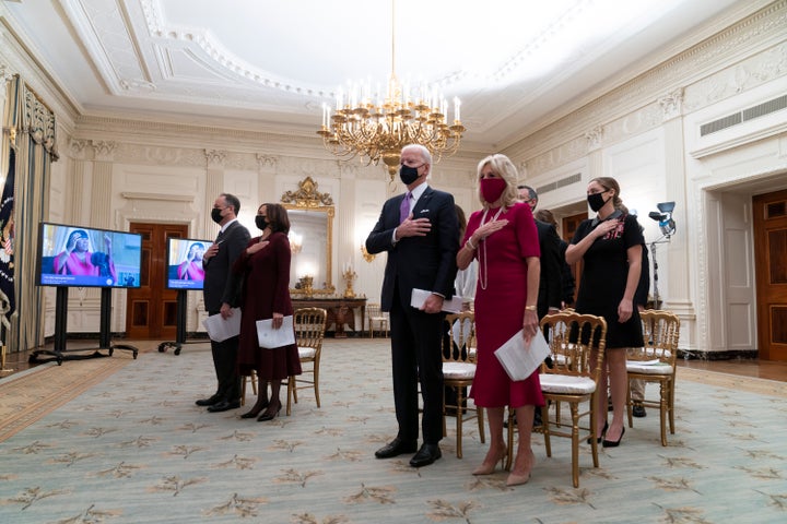 In this Jan. 21, 2021, file photo, Doug Emhoff, left, Vice President Kamala Harris, President Joe Biden, and first lady Jill 