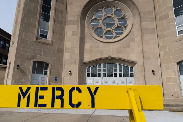 An empty exterior of Our Lady of Mercy Catholic Church in Chicago seen on Easter Sunday, April 12, 2020. Catholic institutions got roughly twice as much COVID-19 as 40 of the largest charities in America combined.