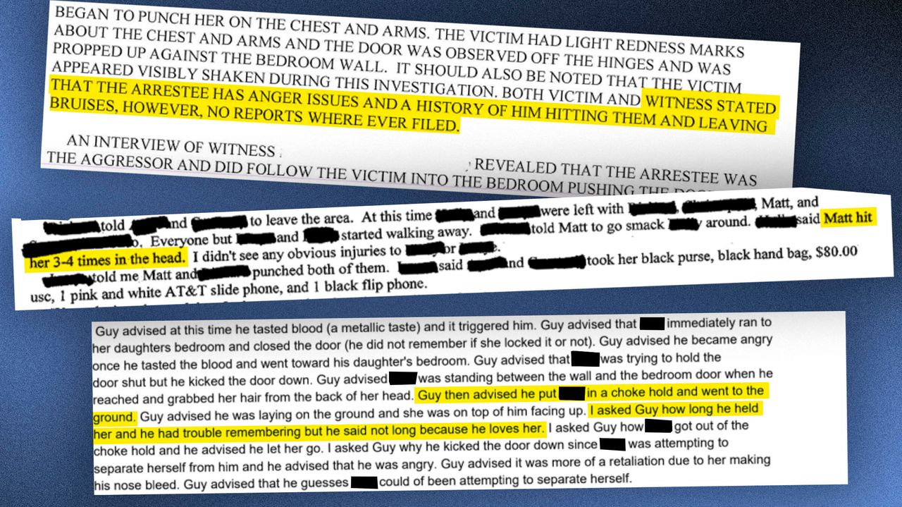 Screenshots of past police reports showing accusations and charges of violence against women. "I asked Guy how long he held her and he had trouble remembering but he said not long because he loves her," one report reads, referring to Guy Reffitt.