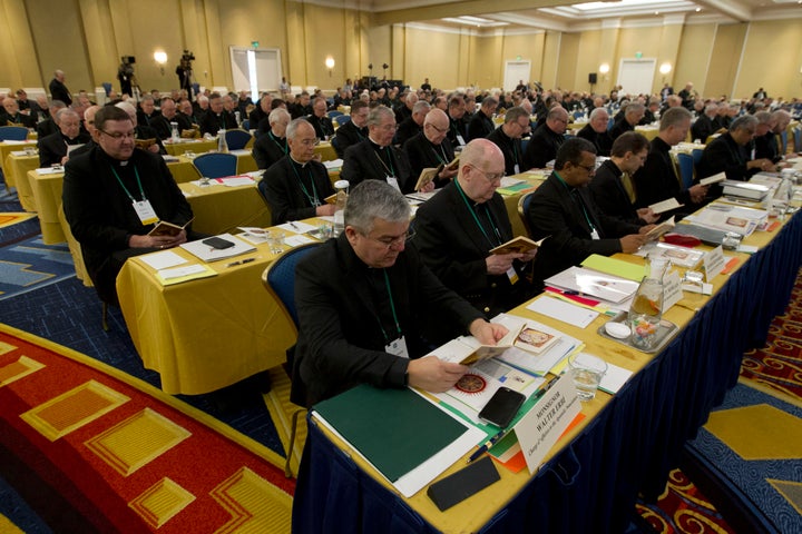 Catholic Bishops participate in a morning prayer during a meeting of the United States Conference of Catholic Bishops (USCCB) in Baltimore, Tuesday, Jun 11, 2019. 