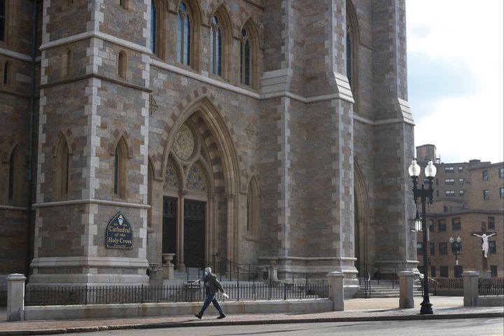 This Friday, Jan. 22, 2021, photo shows the Cathedral of the Holy Cross in Boston. According to the Boston Archdiocese’s website, its central ministries office received about $3 million, while its parishes and schools collected about $32 million more from the federal government’s small business emergency relief program in 2020. 