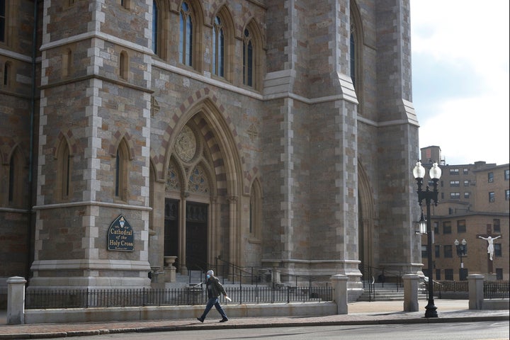This Friday, Jan. 22, 2021, photo shows the Cathedral of the Holy Cross in Boston. According to the Boston Archdiocese’s website, its central ministries office received about $3 million, while its parishes and schools collected about $32 million more from the federal government’s small business emergency relief program in 2020.