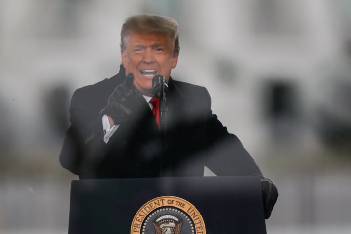 Then-President Donald Trump gestures as he speaks during a rally to contest the certification of the 2020 U.S. presidential e