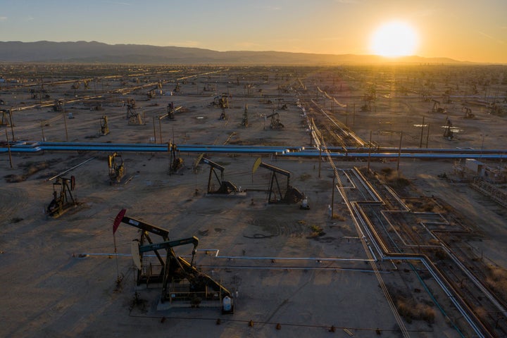 An aerial view shows pumpjacks in the South Belridge Oil Field near McKittrick, California. Oil prices have cratered with the spread of the coronavirus pandemic.