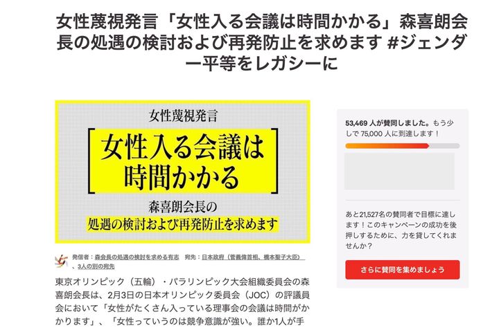 森喜朗会長の処遇の検討を求めるキャンペーン