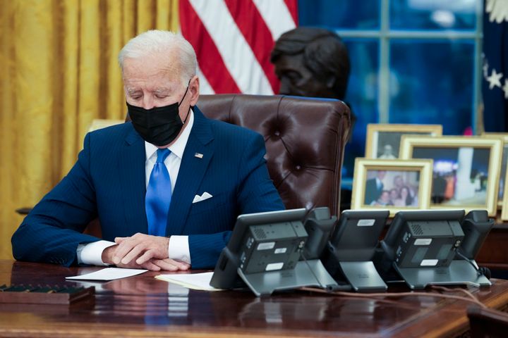 U.S. President Joe Biden makes brief remarks before signing several executive orders directing immigration actions for his administration in the Oval Office at the White House on Feb. 02, 2021, in Washington, D.C. 