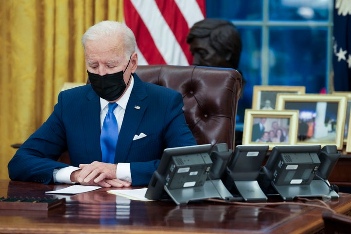U.S. President Joe Biden makes brief remarks before signing several executive orders directing immigration actions for his administration in the Oval Office at the White House on Feb. 02, 2021, in Washington, D.C.
