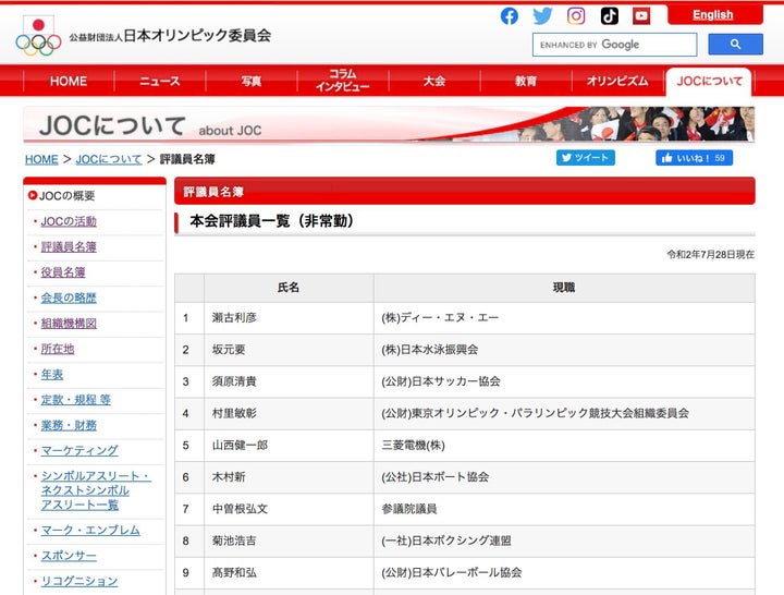 JOC公式サイトに掲載された評議員一覧。公式サイトに掲載されているのは、2020年7月28日時点での情報。