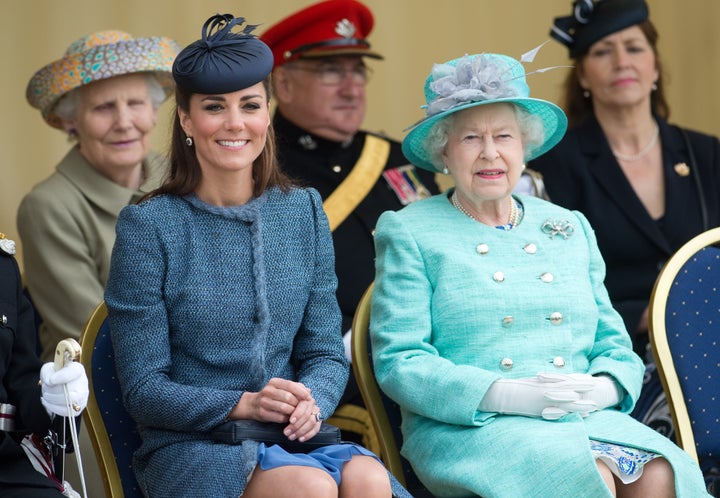 Queen Elizabeth II and the Duchess of Cambridge attend Vernon Park during a Diamond Jubilee visit to Nottingham on June 13, 2012.