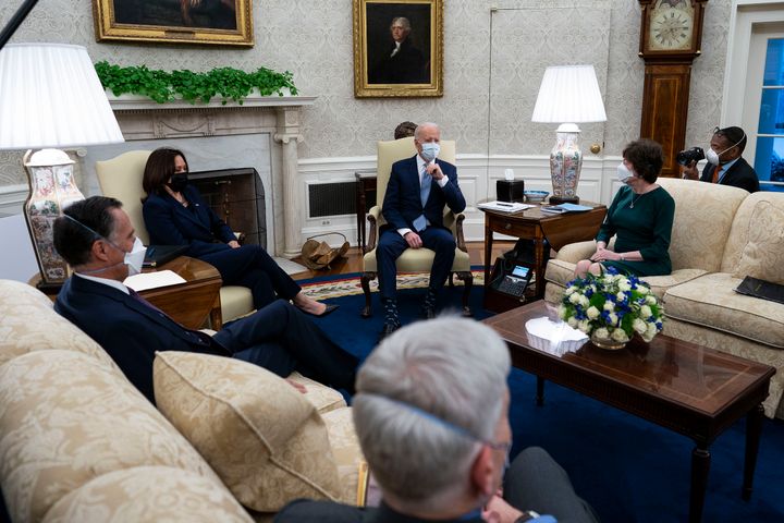 President Joe Biden and Vice President Kamala Harris meet with 10 Republican senators to discuss coronavirus relief. In a new HuffPost/YouGov poll, Americans say they're more concerned over the government spending too little than too much.