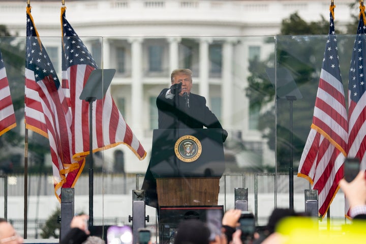 Then-President Donald Trump speaks at a rally protesting the Electoral College certification of Joe Biden as president on&nbs