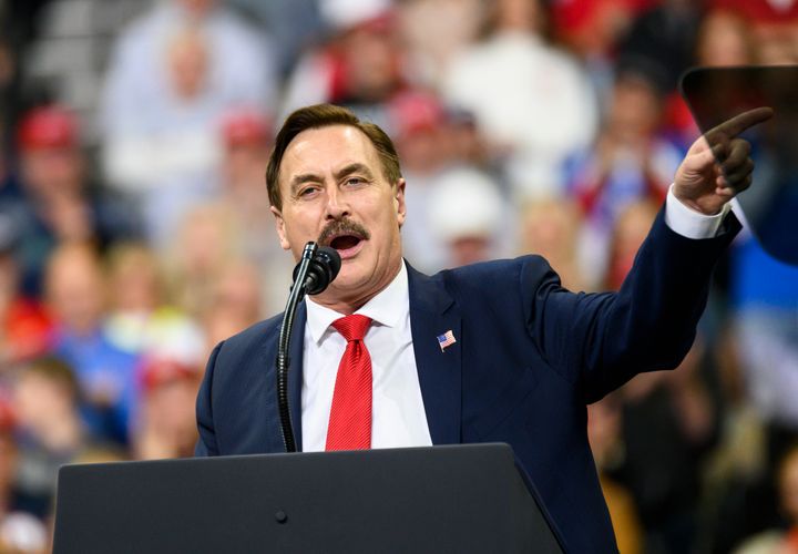 Mike Lindell, CEO of MyPillow, speaks during a campaign rally for Donald Trump in Minneapolis in October. Lindell has continued to spew conspiracy theories about election fraud and on Friday paid a conservative news network to air a two-hour video screed he made.