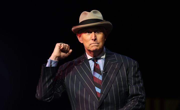 Longtime Donald Trump consultant and adviser Roger Stone gives a speech in Washington, D.C., the night before the storming of the Capitol.