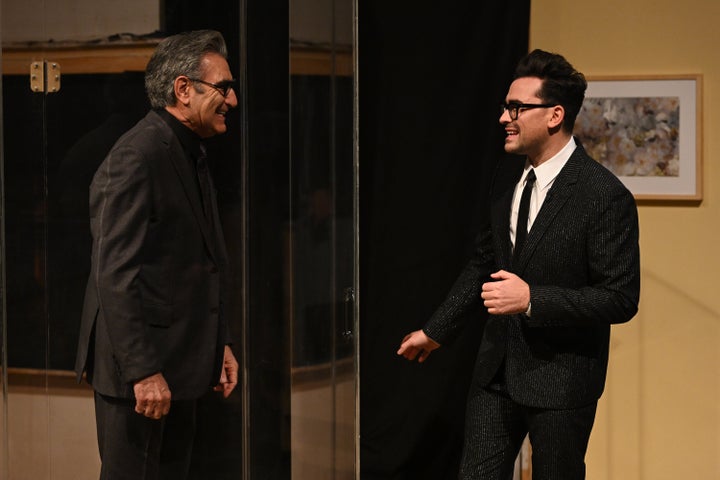 Actor Eugene Levy and host Dan Levy are seen during the Monologue on "Saturday Night Live" on Saturday.