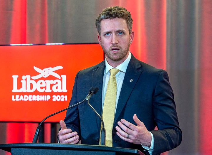 Iain Rankin fields questions as he meets with reporters after winning the leadership of the Nova Scotia Liberal party at a virtual convention in Halifax on Saturday.