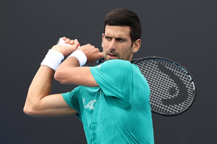 Novak Djokovic of Serbia plays a backhand during a practice session ahead of the 2021 Australian Open at Melbourne Park on February 07, 2021 in Melbourne, Australia.