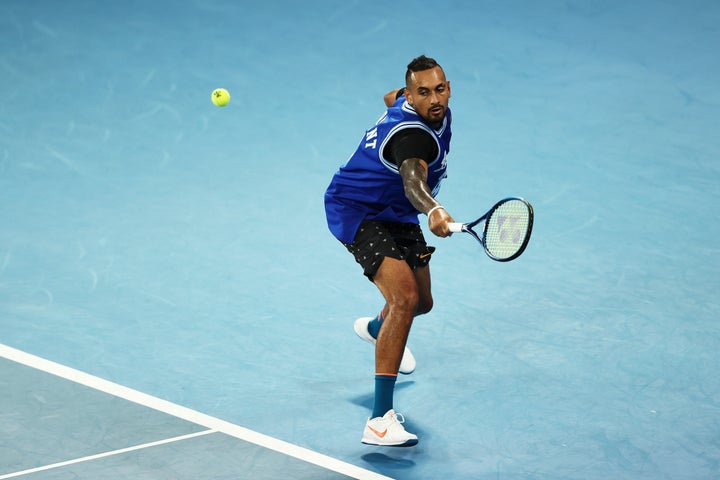 Nick Kyrgios of Australia plays a backhand during a practice session ahead of the 2021 Australian Open at Melbourne Park on February 07, 2021 in Melbourne, Australia. 