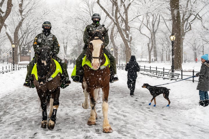 Two members of the NYPD elite mounted unit patrol are seen in New York City's Central Park during Sunday's snowstorm.