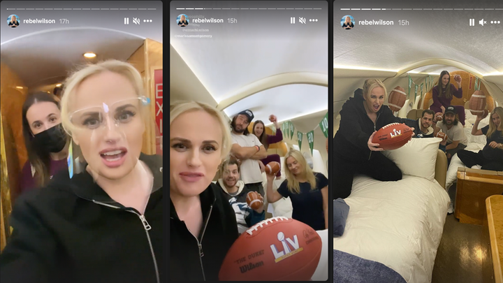 Rebel Wilson enjoys a slumber party in a private jet with her friends ahead of the Super Bowl.