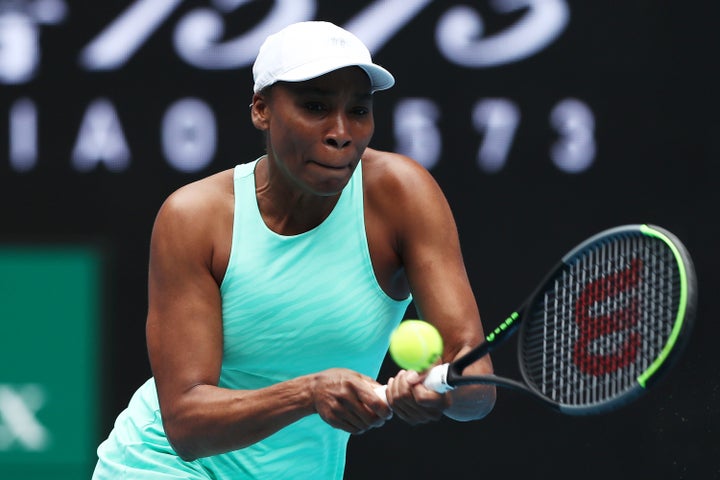 Venus Williams of The United States of America plays a backhand in her Women's Singles first round match against Kirsten Flipkens of Belgium during day one of the 2021 Australian Open at Melbourne Park on February 08, 2021.